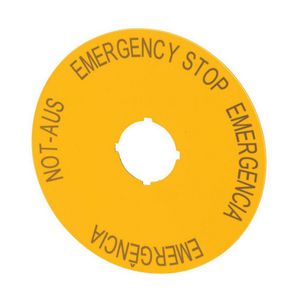 Schild Nood-Uit geel D=90mm 4-talig (duits, engels, spaans portugees DE EN ES PT) VVE=10