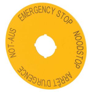 Schild Nood-Uit geel D=90mm 4-talig (duits, engels, nederlands, frans DE EN NL FR) VVE=10
