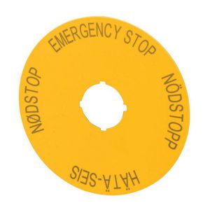 Schild Nood-Uit geel D=90mm 4-talig (engels, zweeds, fins, deens EN SV FI DA) VVE=10