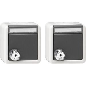 Set 2x wandcontactdoos met randaarde KD slot gelijk. + TK spatwaterdicht opbouw grijs
