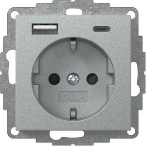 wandcontactdoos met randaarde Safety Plus USB-voeding 2-voudig type A/C System 55 kl.alum.