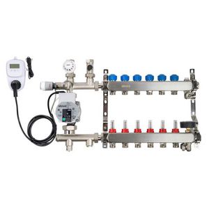Hybride vloerverwarmingsverdeler rvs 7-groeps bovenaansl. incl. pomp + flowmeters