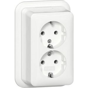 2-voudig wandcontactdoos met randaarde + K/P Opbouw zuiver wit