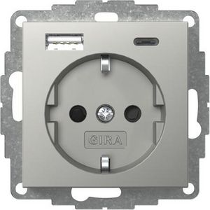 wandcontactdoos met randaarde Safety Plus USB-voeding 2-voudig type A/C System 55 edelstaal(gel.)