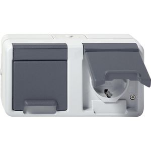 2-voudig wandcontactdoos met randaarde horizontaal KD spatwaterdicht opbouw grijs