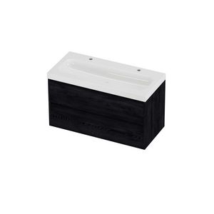 Haga Set polystone Mezza wastafel met 2 kraangaten en onderkast greeploos 2 laden symmetrisch in kader 1000x460x580mm glans wit/Black oak