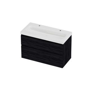 Haga Set polystone Mezza wastafel met 2 kraangaten en onderkast a-symmetrisch 1000x460x660mm glans wit/Black oak