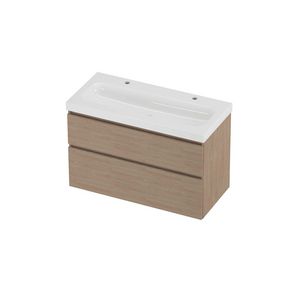 Haga Set polystone Mezza wastafel met 2 kraangaten en onderkast a-symmetrisch 1000x460x660mm glans wit/Ideal oak