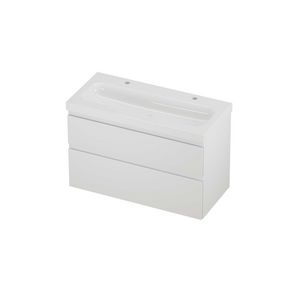 Haga Set polystone Mezza wastafel met 2 kraangaten en onderkast a-symmetrisch 1000x460x660mm glans wit/mat wit