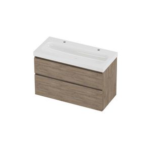 Haga Set polystone Mezza wastafel met 2 kraangaten en onderkast a-symmetrisch 1000x460x660mm glans wit/Raw oak