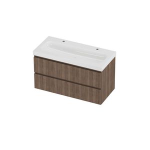Haga Set polystone Mezza wastafel met 2 kraangaten en onderkast symmetrisch gefreesd 1000x460x580mm glans wit/Terra oak