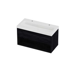 Haga Set polystone Mezza wastafel met 2 kraangaten en onderkast met schap 1000x460x580mm glans wit/Black oak
