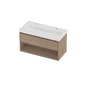 Haga Set polystone Mezza wastafel met 2 kraangaten en onderkast met schap 1000x460x580mm glans wit/Ideal oak