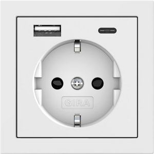 wandcontactdoos met randaarde Safety Plus USB-voeding 2-voudig type A/C Gira F100 zuiver wit
