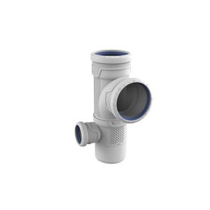 Dubbel Zij T-stuk verlopend PP AS+ geluidsarm lichtgrijs 87° 90x90x50mm links