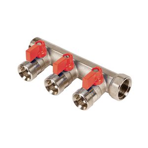 Verdeler 3/4" met 3 uitgangen euroconus incl. kogelkranen rood