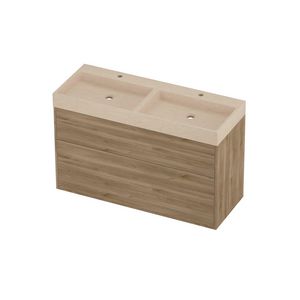 Evoli Set hardsteen Loft wastafel dubbele wasbak met 2 kraangaten en onderkast tbv grepen 2 laden a-symmetrisch in kader 1200x460x750mm Sand stone/Cider oak