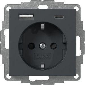 wandcontactdoos met randaarde Safety Plus USB-voeding 2-voudig type A/C System 55 antraciet