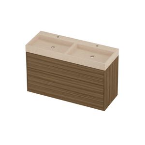 Evoli Set hardsteen Loft wastafel dubbele wasbak met 2 kraangaten en onderkast tbv grepen 2 laden a-symmetrisch in kader 1200x460x750mm Sand stone/Caramel walnut
