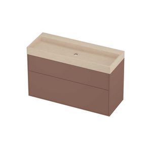 Evoli Set hardsteen Loft wastafel centraal zonder kraangat en onderkast tbv grepen 2 laden a-symmetrisch in kader 1200x460x750mm Sand stone/Beauty blush