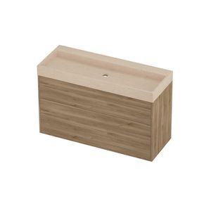 Evoli Set hardsteen Loft wastafel centraal zonder kraangat en onderkast tbv grepen 2 laden a-symmetrisch in kader 1200x460x750mm Sand stone/Cider oak