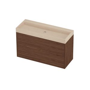 Evoli Set hardsteen Loft wastafel centraal zonder kraangat en onderkast tbv grepen 2 laden a-symmetrisch in kader 1200x460x750mm Sand stone/Indian walnut