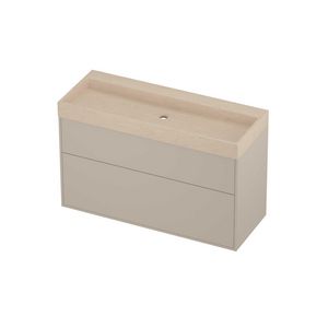 Evoli Set hardsteen Loft wastafel centraal zonder kraangat en onderkast tbv grepen 2 laden a-symmetrisch in kader 1200x460x750mm Sand stone/Soft linen