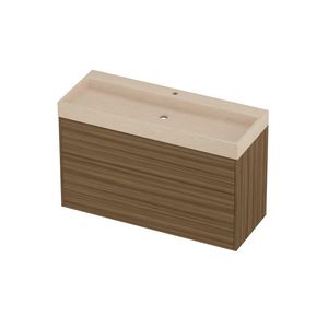 Evoli Set hardsteen Loft wastafel centraal met 1 kraangat en onderkast tbv grepen 2 laden a-symmetrisch in kader 1200x460x750mm Sand stone/Caramel walnut