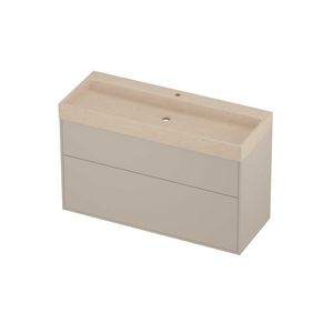 Evoli Set hardsteen Loft wastafel centraal met 1 kraangat en onderkast tbv grepen 2 laden a-symmetrisch in kader 1200x460x750mm Sand stone/Soft linen