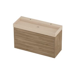 Evoli Set hardsteen Loft wastafel centraal met 2 kraangaten en onderkast tbv grepen 2 laden a-symmetrisch in kader 1200x460x750mm Sand stone/Cider oak