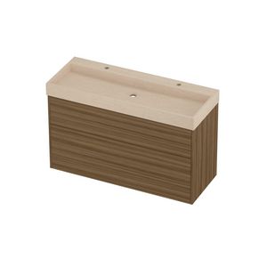 Evoli Set hardsteen Loft wastafel centraal met 2 kraangaten en onderkast tbv grepen 2 laden a-symmetrisch in kader 1200x460x750mm Sand stone/Caramel walnut