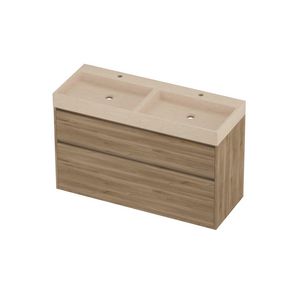 Evoli Set hardsteen Loft wastafel dubbele wasbak met 2 kraangaten en onderkast greeploos 2 laden a-symmetrisch in kader 1200x460x750mm Sand stone/Cider oak