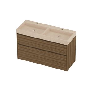 Evoli Set hardsteen Loft wastafel dubbele wasbak met 2 kraangaten en onderkast greeploos 2 laden a-symmetrisch in kader 1200x460x750mm Sand stone/Caramel walnut