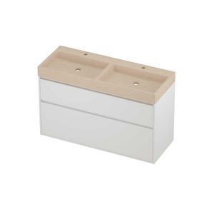 Evoli Set hardsteen Loft wastafel dubbele wasbak met 2 kraangaten en onderkast greeploos 2 laden a-symmetrisch in kader 1200x460x750mm Sand stone/matt white