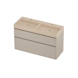 Evoli Set hardsteen Loft wastafel dubbele wasbak met 2 kraangaten en onderkast greeploos 2 laden a-symmetrisch in kader 1200x460x750mm Sand stone/Soft linen