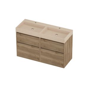 Evoli Set hardsteen Loft wastafel dubbele wasbak met 2 kraangaten en onderkast greeploos 4 laden a-symmetrisch in kader 1200x460x750mm Sand stone/Cider oak