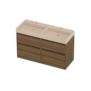 Evoli Set hardsteen Loft wastafel dubbele wasbak met 2 kraangaten en onderkast greeploos 4 laden a-symmetrisch in kader 1200x460x750mm Sand stone/Caramel walnut