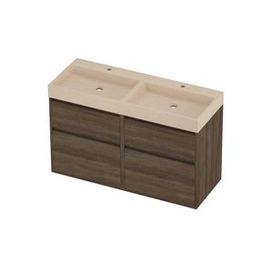 Evoli Set hardsteen Loft wastafel dubbele wasbak met 2 kraangaten en onderkast greeploos 4 laden a-symmetrisch in kader 1200x460x750mm Sand stone/Vital oak