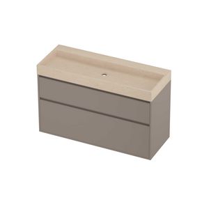 Evoli Set hardsteen Loft wastafel centraal zonder kraangat en onderkast greeploos 2 laden a-symmetrisch in kader 1200x460x750mm Sand stone/Clay beige