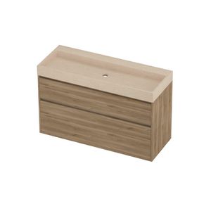 Evoli Set hardsteen Loft wastafel centraal zonder kraangat en onderkast greeploos 2 laden a-symmetrisch in kader 1200x460x750mm Sand stone/Cider oak