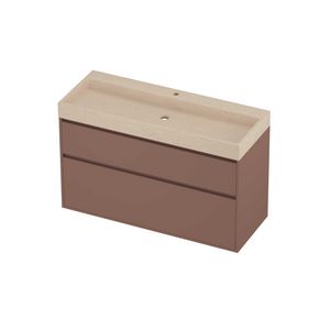 Evoli Set hardsteen Loft wastafel centraal met 1 kraangat en onderkast greeploos 2 laden a-symmetrisch in kader 1200x460x750mm Sand stone/Beauty blush