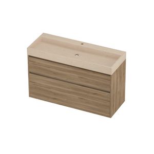 Evoli Set hardsteen Loft wastafel centraal met 1 kraangat en onderkast greeploos 2 laden a-symmetrisch in kader 1200x460x750mm Sand stone/Cider oak