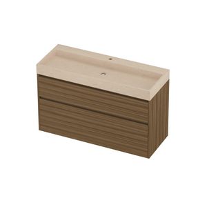 Evoli Set hardsteen Loft wastafel centraal met 1 kraangat en onderkast greeploos 2 laden a-symmetrisch in kader 1200x460x750mm Sand stone/Caramel walnut