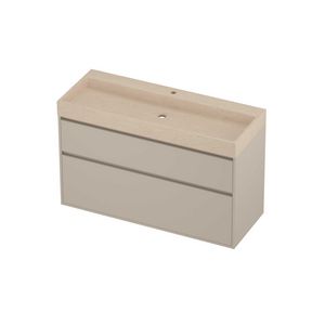Evoli Set hardsteen Loft wastafel centraal met 1 kraangat en onderkast greeploos 2 laden a-symmetrisch in kader 1200x460x750mm Sand stone/Soft linen