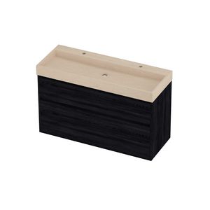 Evoli Set hardsteen Loft wastafel centraal met 2 kraangaten en onderkast greeploos 2 laden a-symmetrisch in kader 1200x460x750mm Sand stone/Black oak