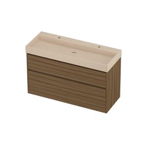 Evoli Set hardsteen Loft wastafel centraal met 2 kraangaten en onderkast greeploos 2 laden a-symmetrisch in kader 1200x460x750mm Sand stone/Caramel walnut