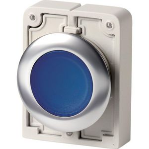 Signaaldrukknop 30mm RVS vlak sealed blauw terugverend