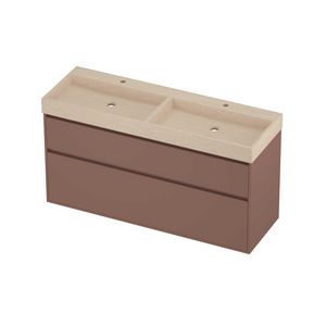 Evoli Set hardsteen Loft wastafel dubbele wasbak met 2 kraangaten en onderkast greeploos 2 laden a-symmetrisch in kader 1400x460x750mm Sand stone/Beauty blush