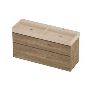 Evoli Set hardsteen Loft wastafel dubbele wasbak met 2 kraangaten en onderkast greeploos 2 laden a-symmetrisch in kader 1400x460x750mm Sand stone/Cider oak