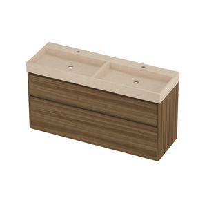 Evoli Set hardsteen Loft wastafel dubbele wasbak met 2 kraangaten en onderkast greeploos 2 laden a-symmetrisch in kader 1400x460x750mm Sand stone/Caramel walnut